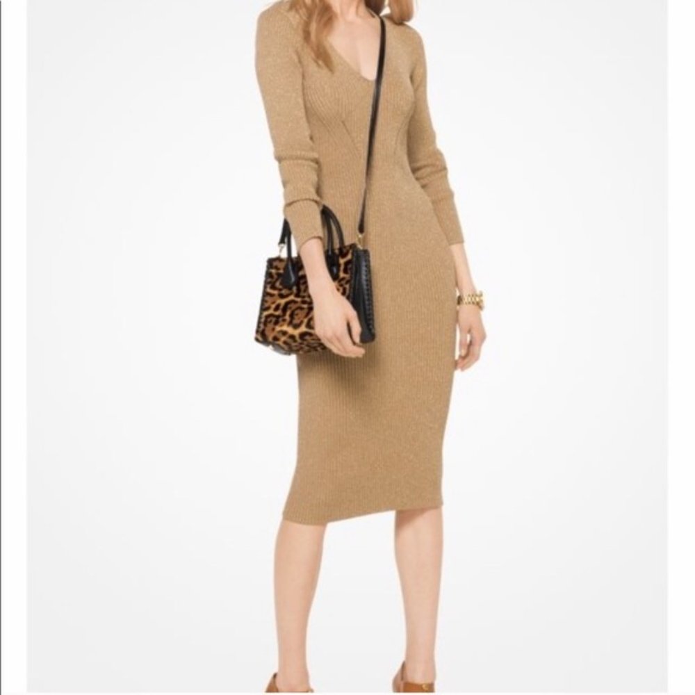 Brand New Michael Kors Metallic Gold Ribbed Sweater Dress sz XS